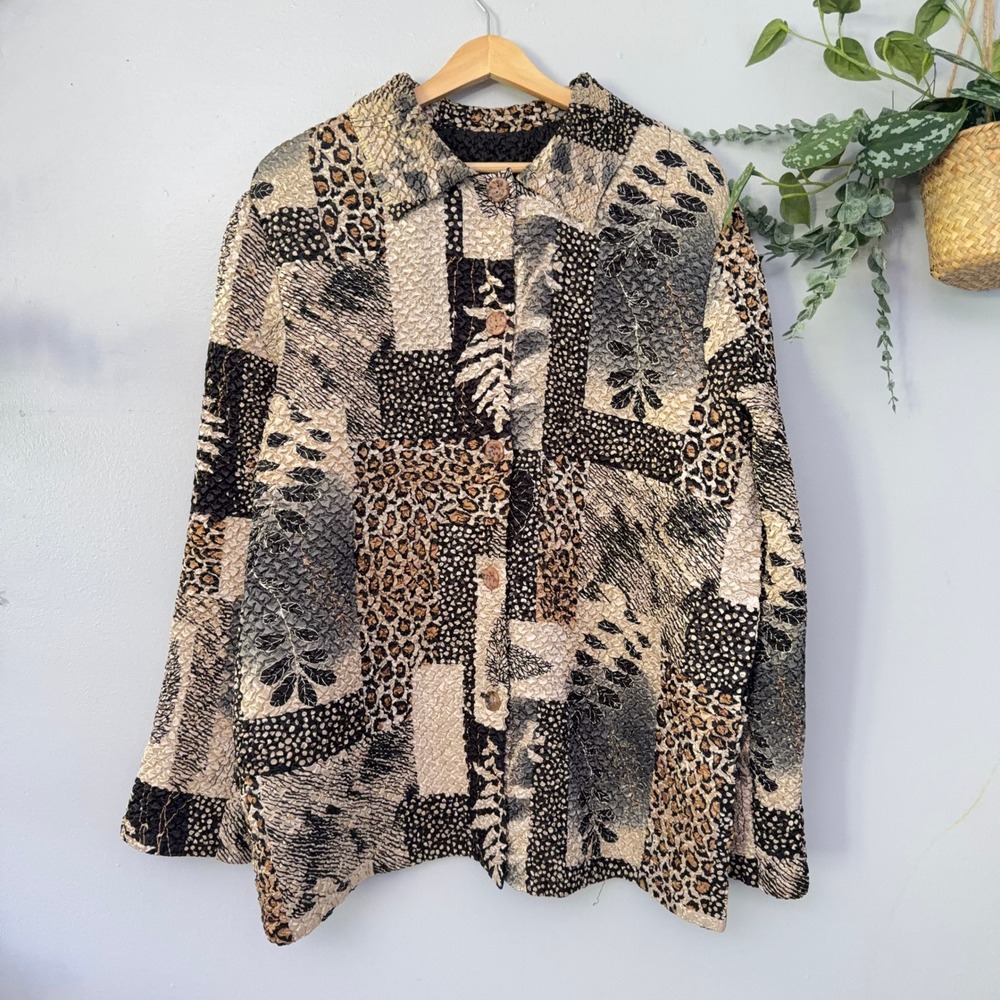 Vtg Y2K Shirt Jacket Popcorn Patchwork Animal Print Button Tan Black Wmns L